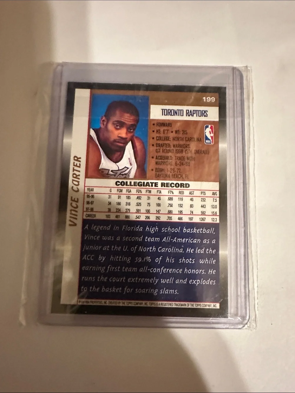 1998-99 Topps Vince Carter Rookie #199 HOF Toronto Raptors mint condition